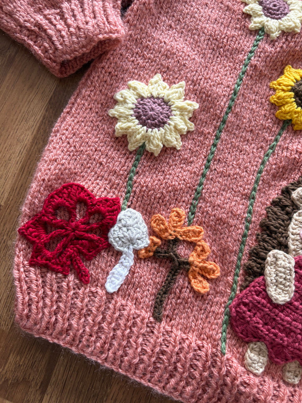 Pre-made Knitted & Crocheted Cardigan with Liberty Collar - Harriet Hedgehog the Gardener - age 2-3 years