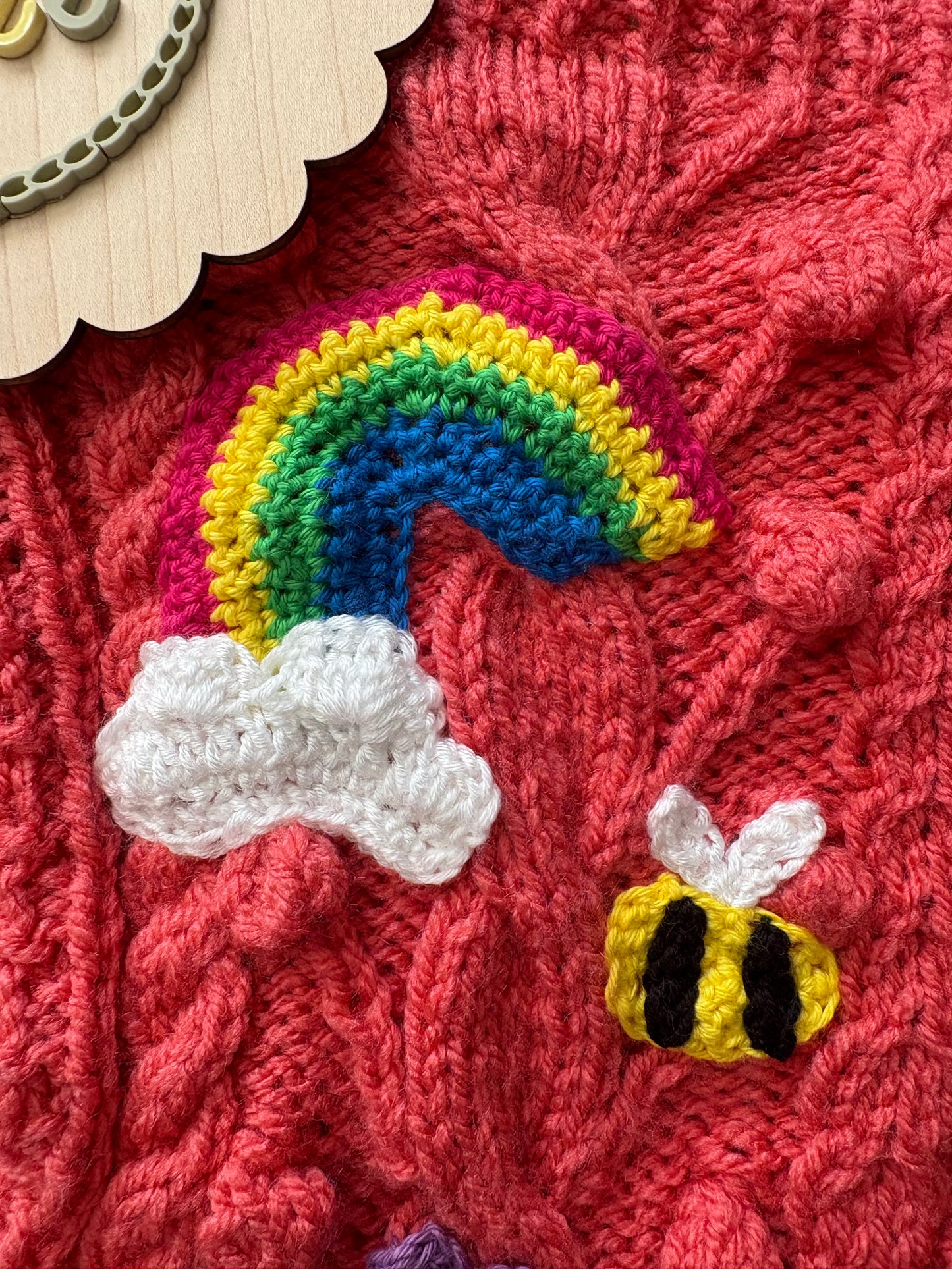 Pre-made Knitted Pink Popcorn Cardigan with flowers, rainbows, star, cloud, bee, mushroom and bear - Size 1-2 years