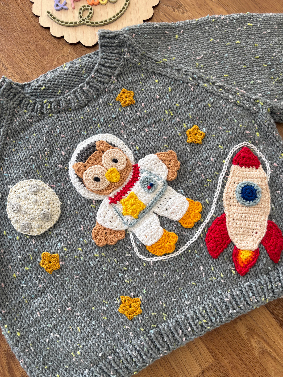 Pre-made Knitted & Crocheted Jumper - Oliver Owl the Astronaut - age 1-2 years