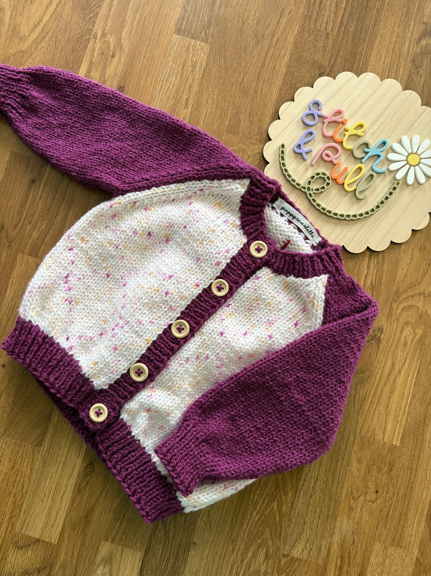 Pre-made Knitted Purple and cream speckle Cutie Pie Cardigan - Size 3-6 months