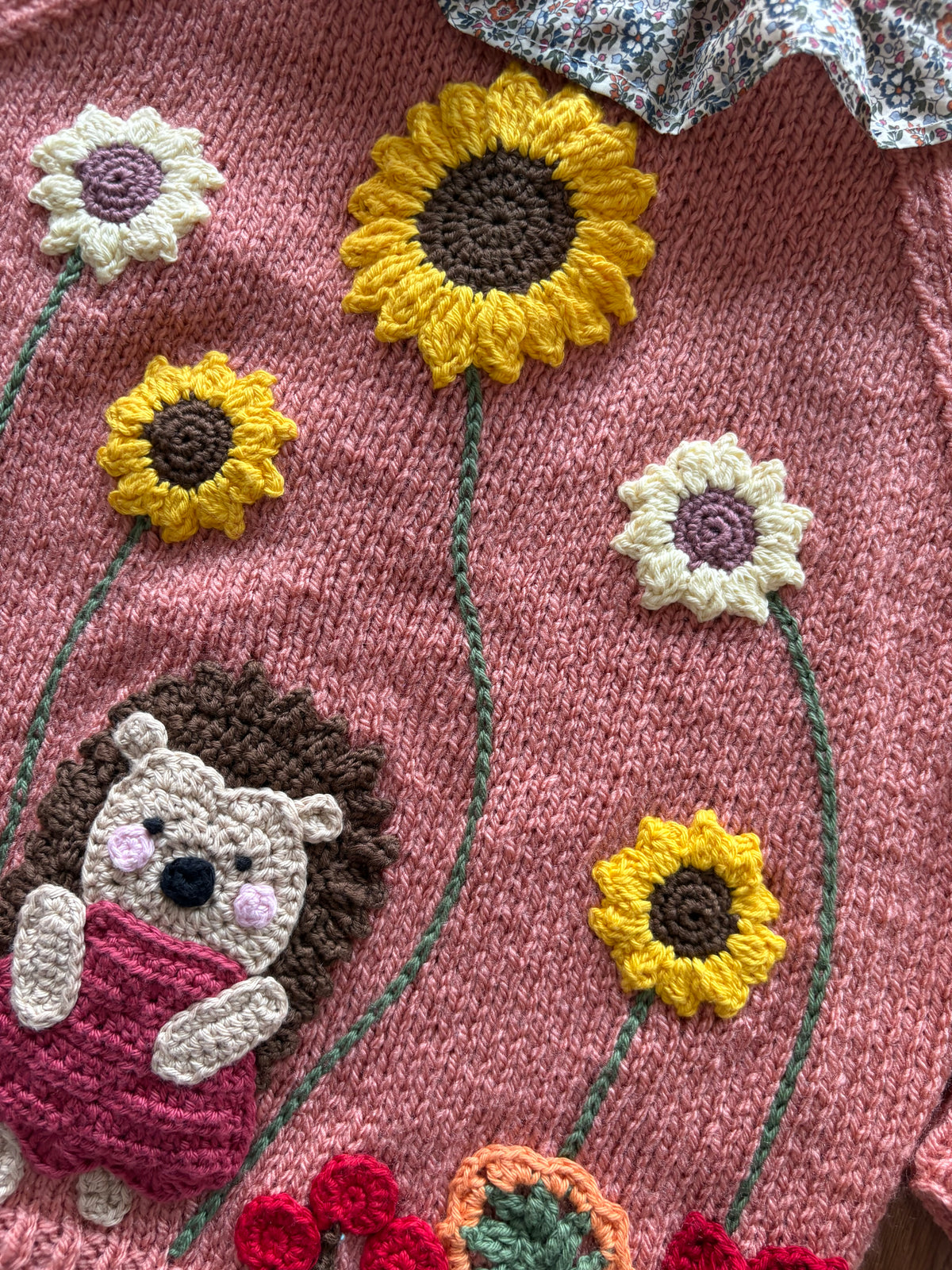 Pre-made Knitted & Crocheted Cardigan with Liberty Collar - Harriet Hedgehog the Gardener - age 2-3 years