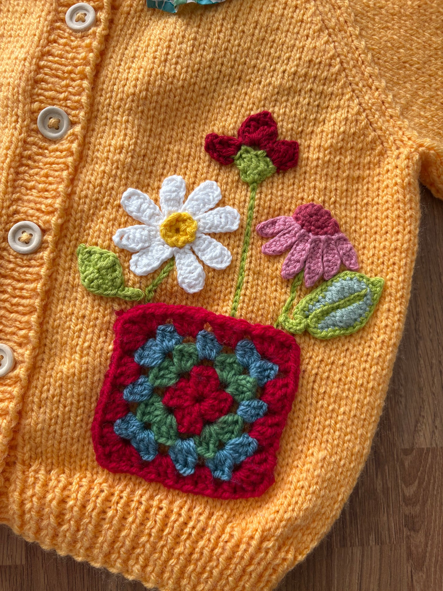 Pre-made Knitted Saffron Cardigan with liberty collar and wild flowers - Size 2-3 years