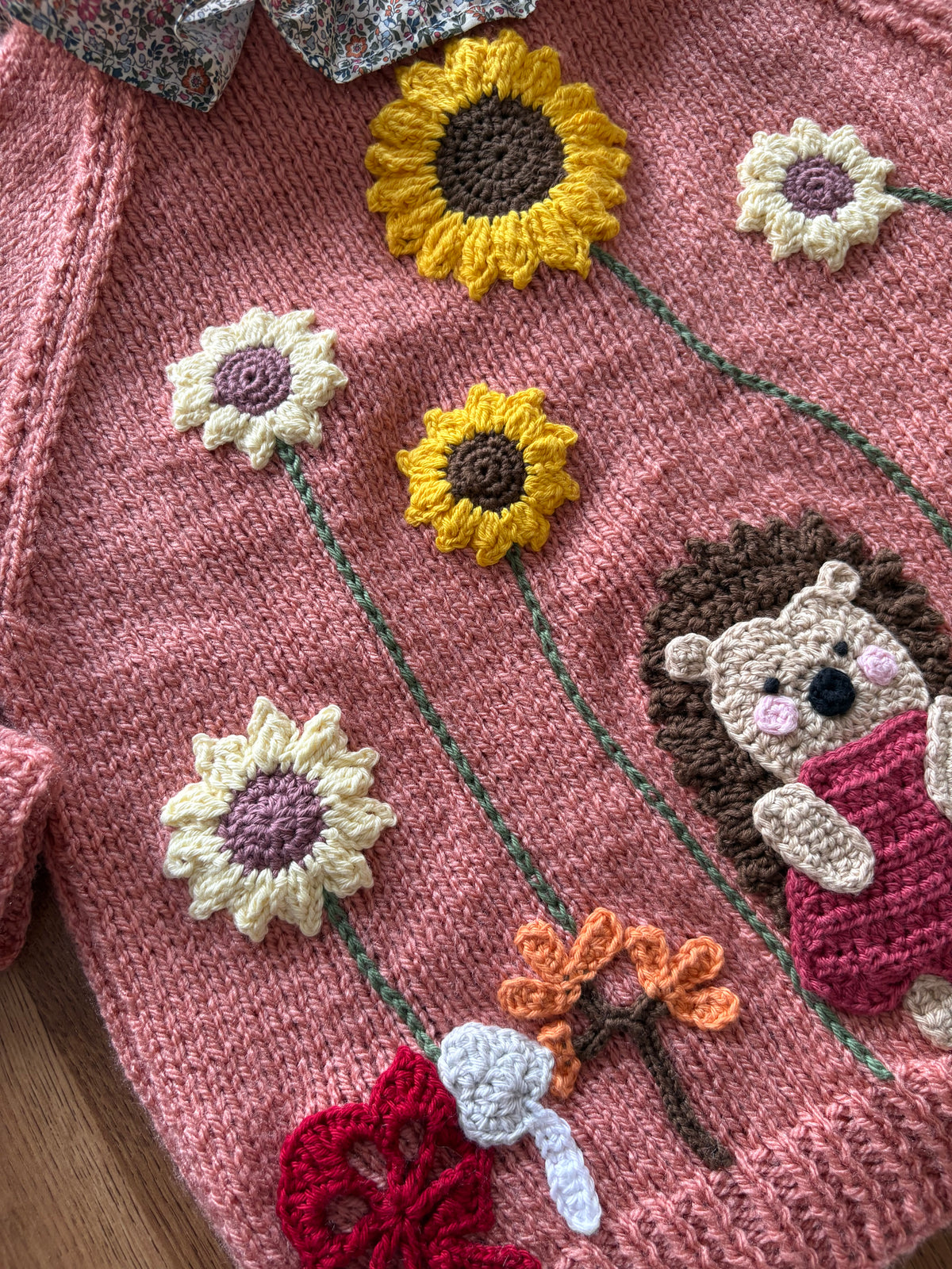 Pre-made Knitted & Crocheted Cardigan with Liberty Collar - Harriet Hedgehog the Gardener - age 2-3 years