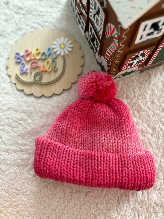 Personalisable knits - 1-2 years pink ombré hat with pom pom