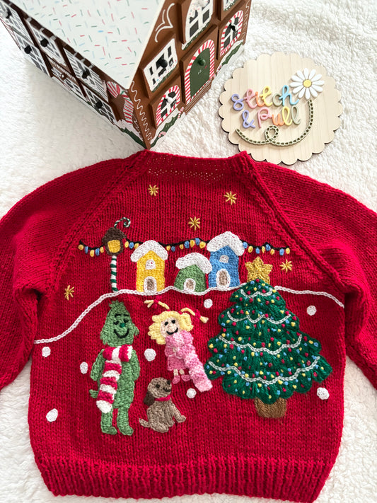 Pre-made Knitted Christmas Red Cardigan with Grinch Whoville Scene - Size 4-5 years