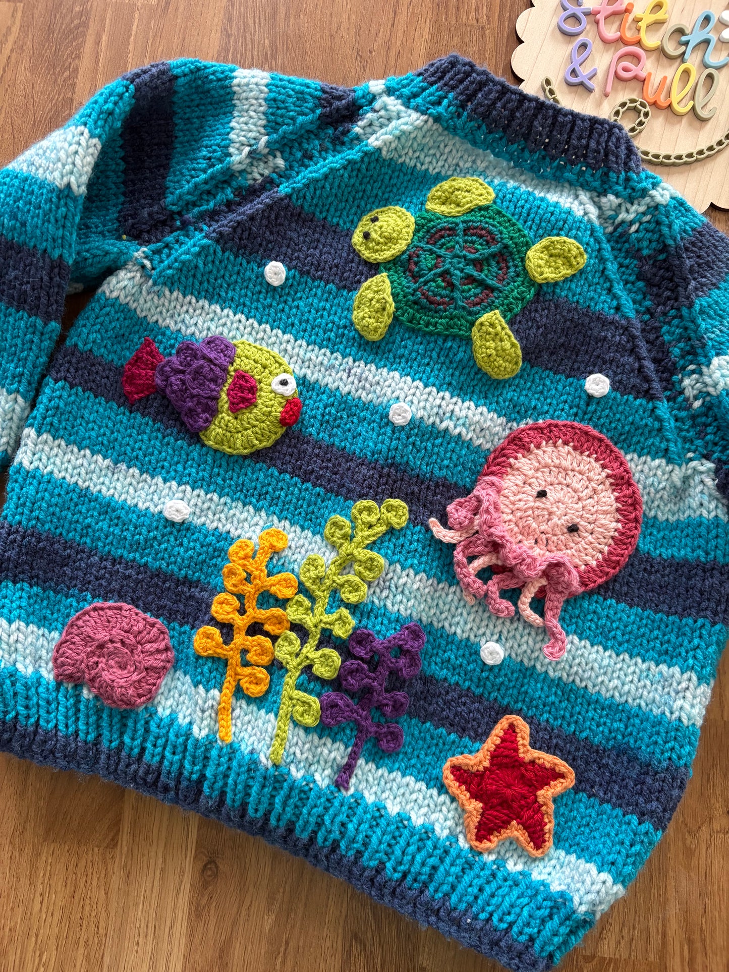 Pre-made Knitted blue stripe Cardigan with sea creatures scene - Size 2-3 years