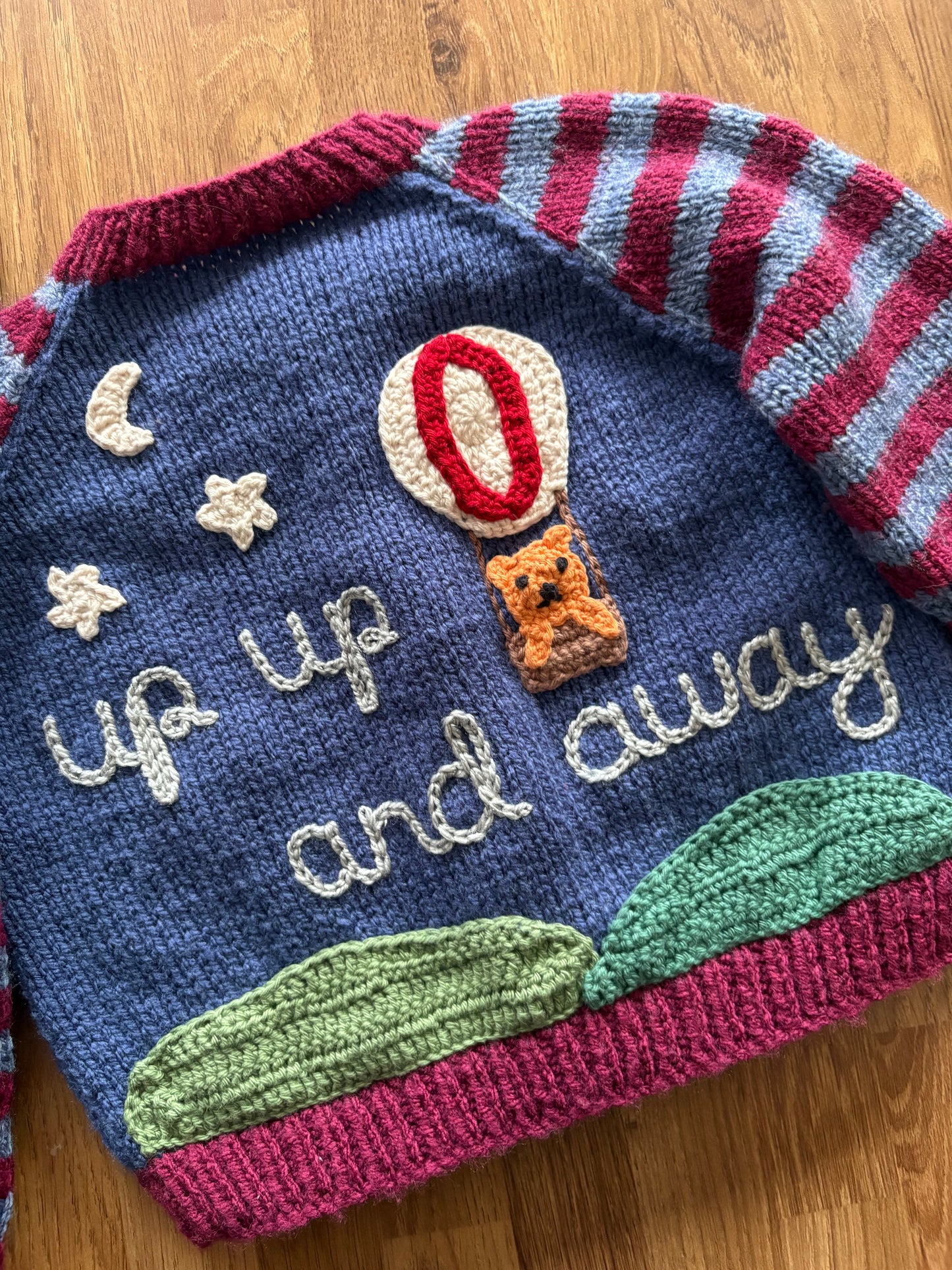 Pre-made Knitted Blue and Maroon stripe Cardigan with hot air balloon design - Size 12-18 months
