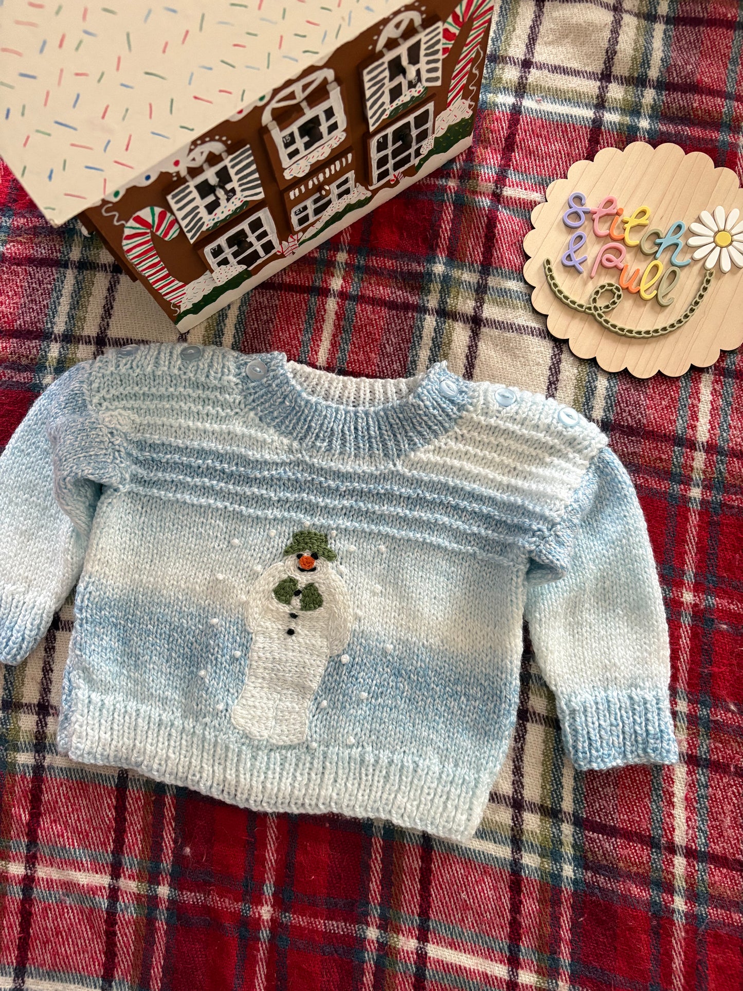 Pre-made Knitted Christmas White/Blue ombré Jumper with the Snowman and snow falling - Size 6-9 months