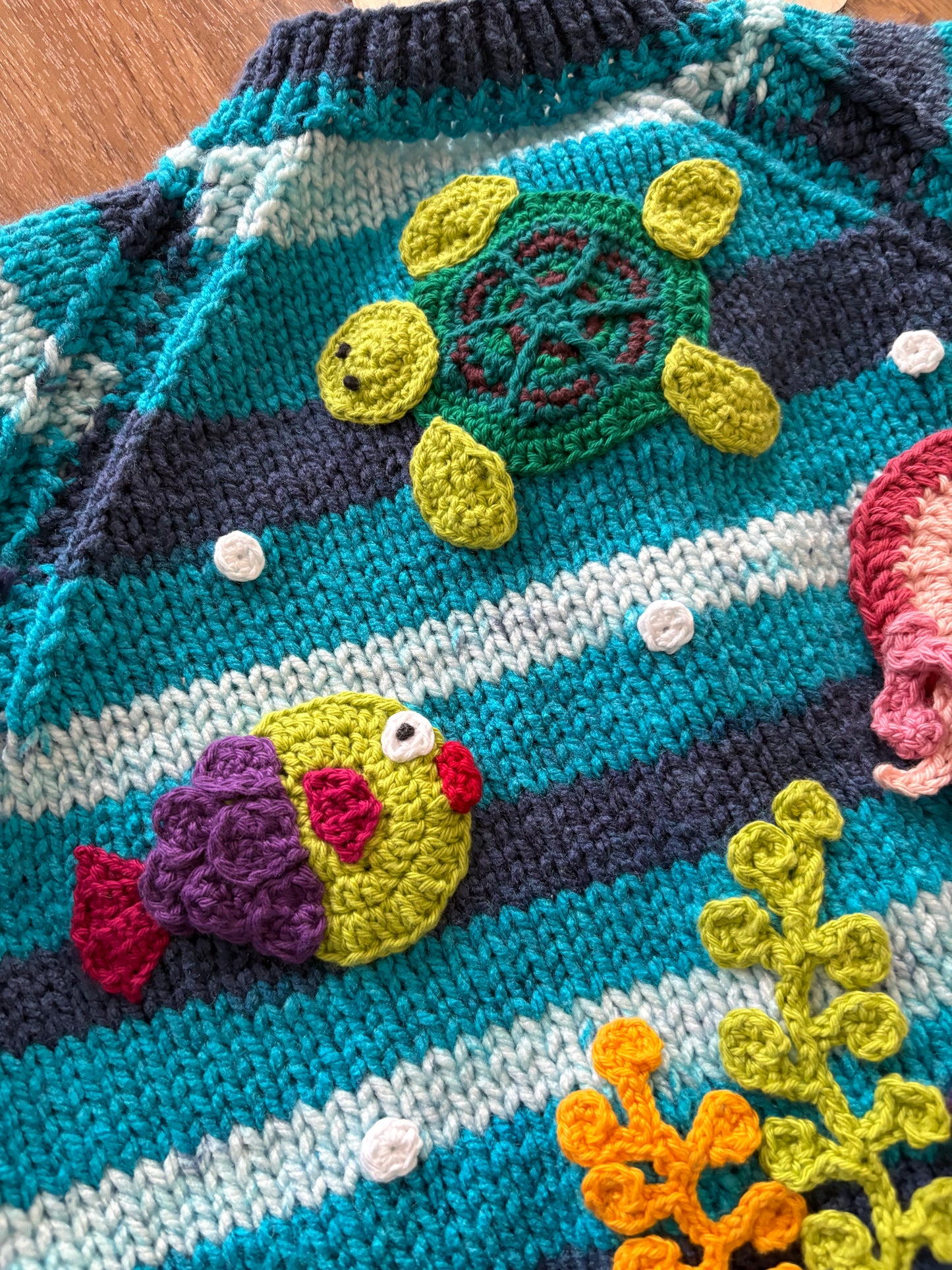 Pre-made Knitted blue stripe Cardigan with sea creatures scene - Size 2-3 years