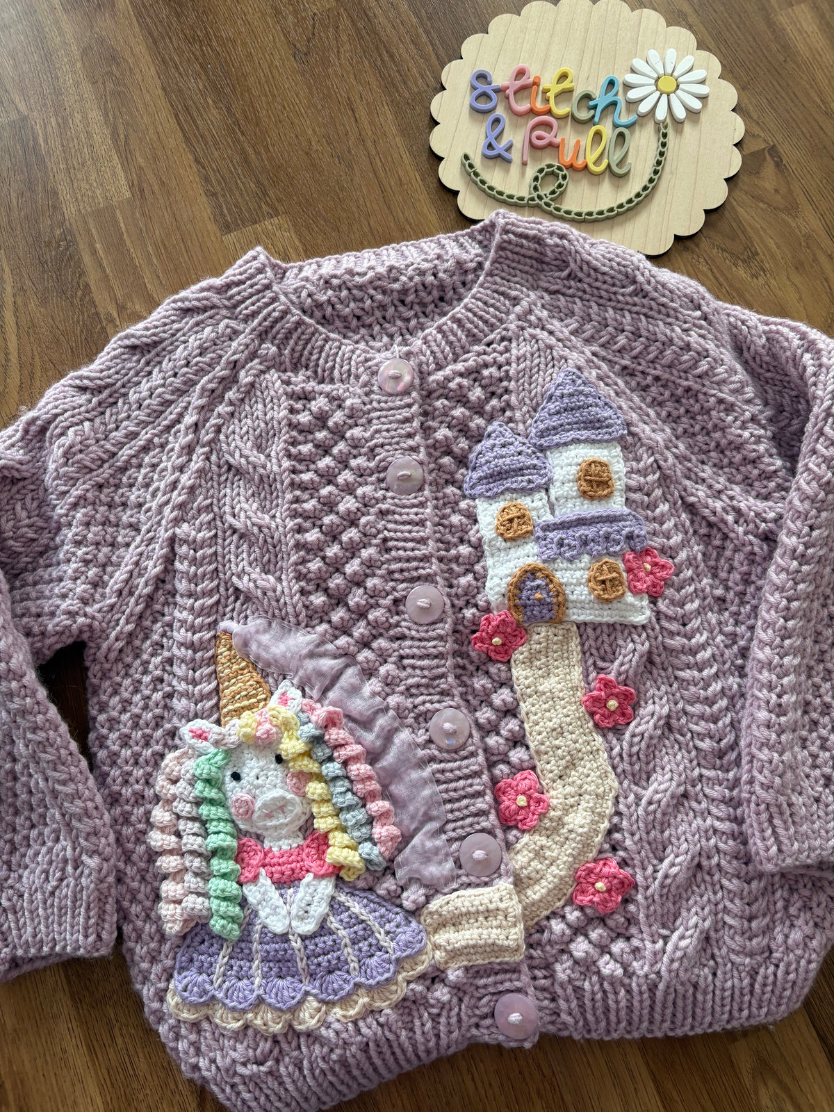 Pre-made Knitted & Crocheted Merino Cable Cardigan - Penelope the Princess Unicorn - age 2-3 years