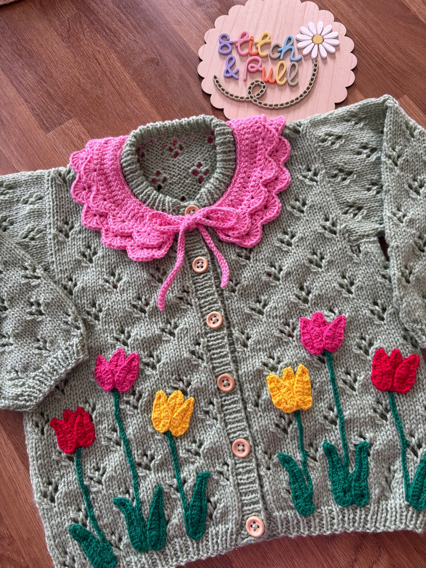 Pre-made Knitted & Crocheted Little Tulip Cardigan - 2-3 years