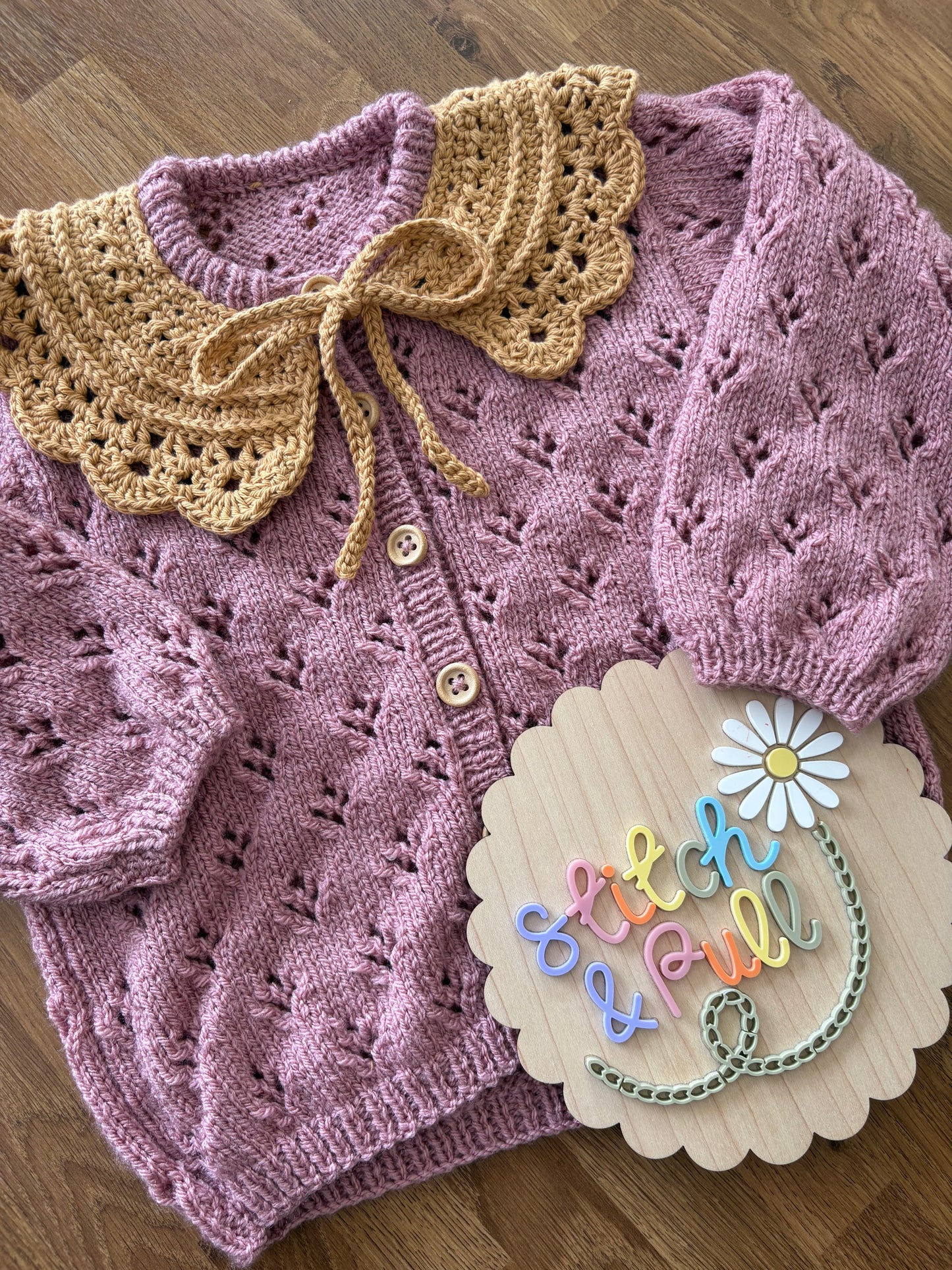 Personalisable knits - Dusty Rose Cardigan with toffee crochet collar - 2-3 years