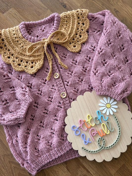 Personalisable knits - Dusty Rose Cardigan with toffee crochet collar - 2-3 years