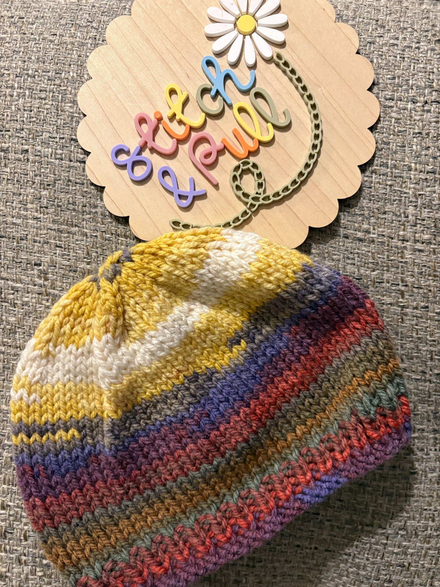 Personalisable knits - 2-3 years yellow/grey/red/purple hat