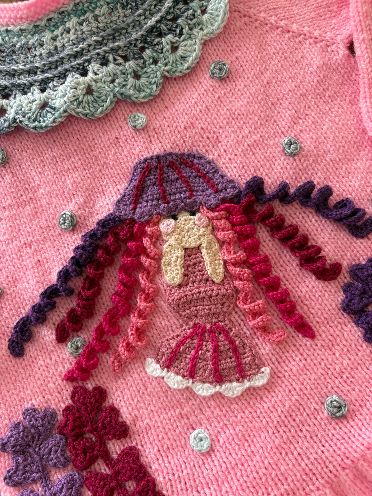 Pre-made Knitted & Crocheted Peplum Cardigan - Jasmine the Jellyfish Mermaid - age 2-4 years