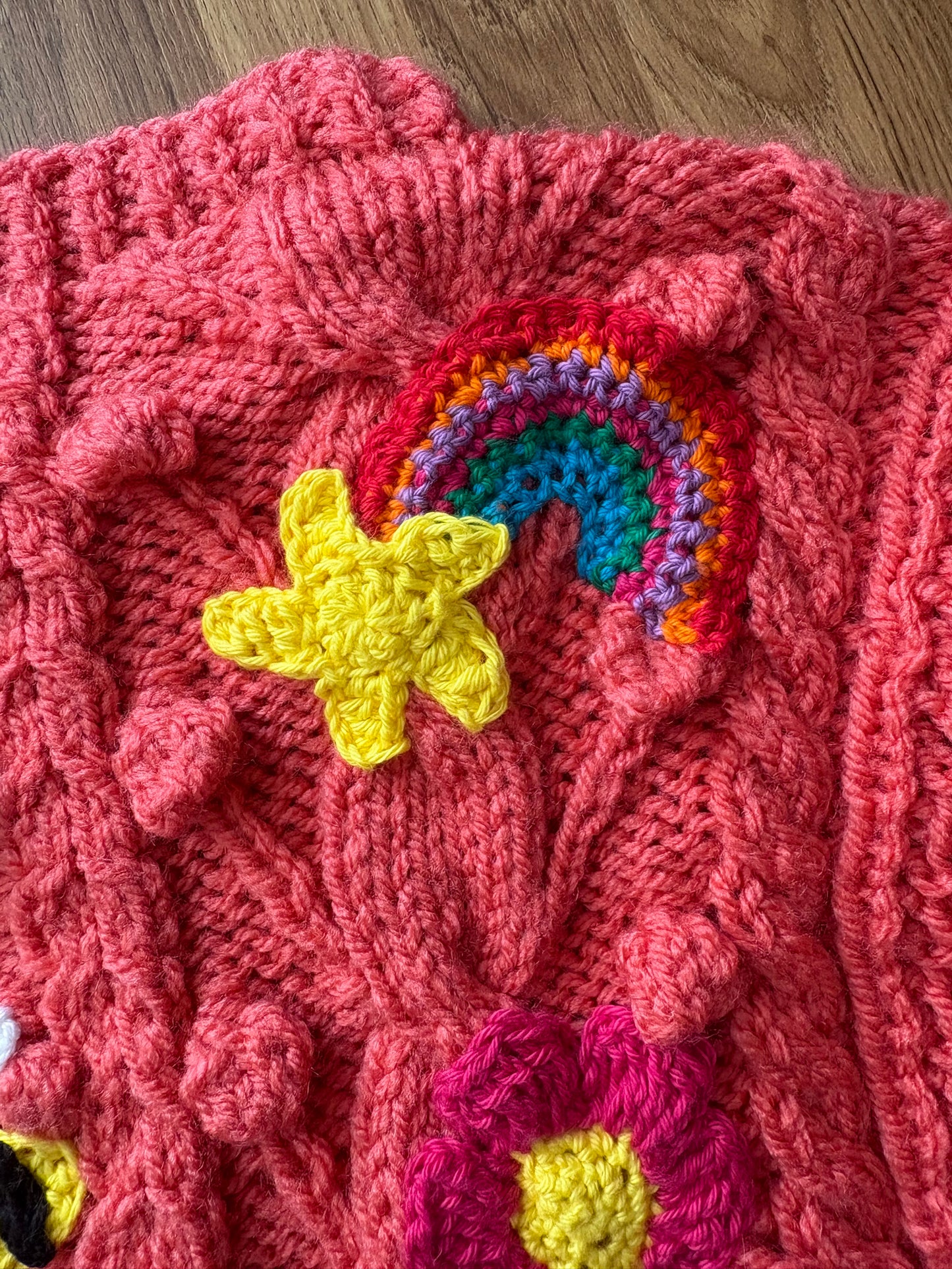 Pre-made Knitted Pink Popcorn Cardigan with flowers, rainbows, star, cloud, bee, mushroom and bear - Size 1-2 years