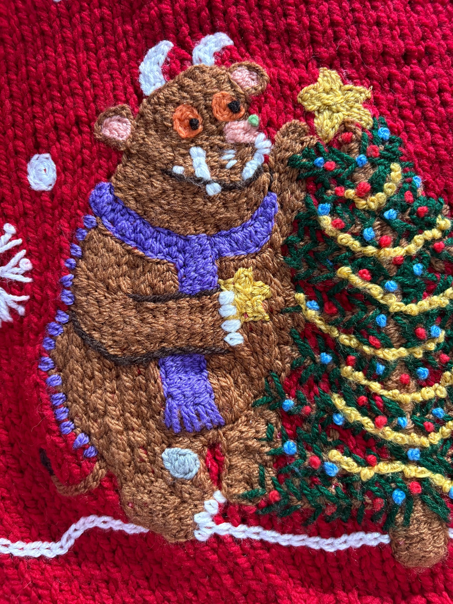 Pre-made Knitted Christmas Chunky Red Cardigan with Gruffalo Christmas Tree Scene - Size 2-4 years