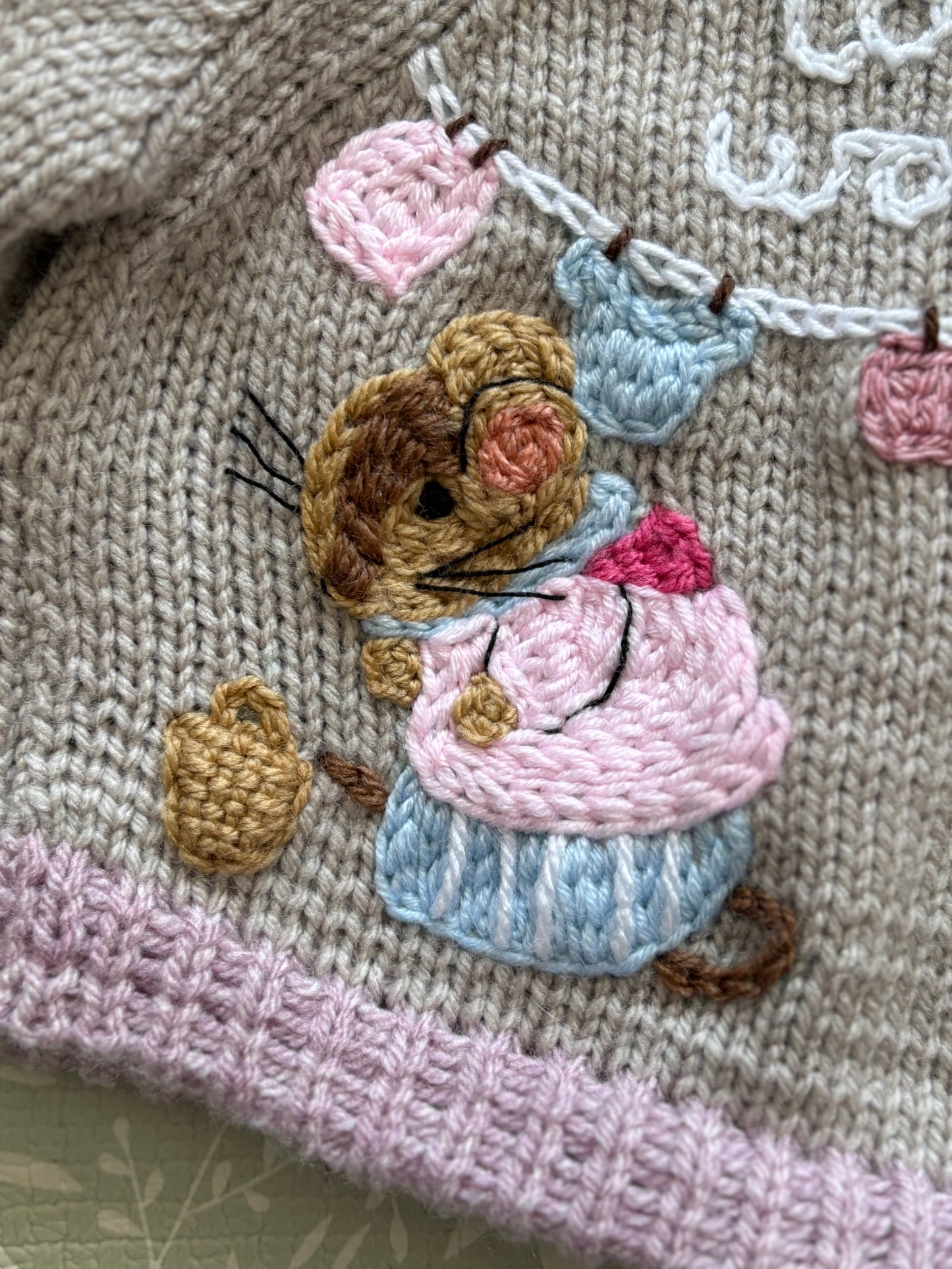 Pre-made Knitted Beatrix Potter Grey Cardigan - Size 0-6 months