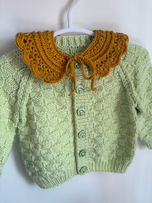 Personalisable knits - 3-6 month green cardigan with gold crochet collar