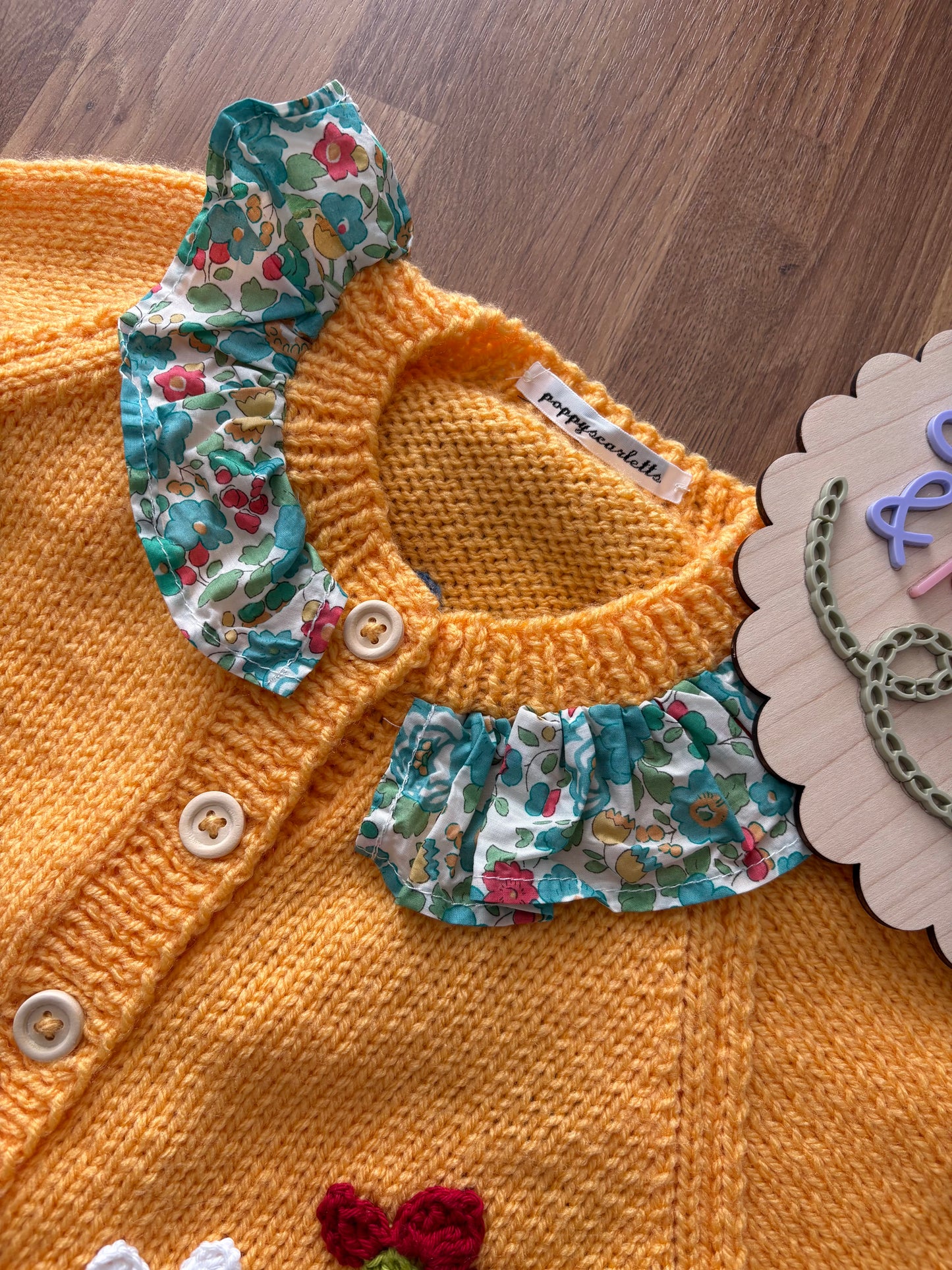Pre-made Knitted Saffron Cardigan with liberty collar and wild flowers - Size 2-3 years