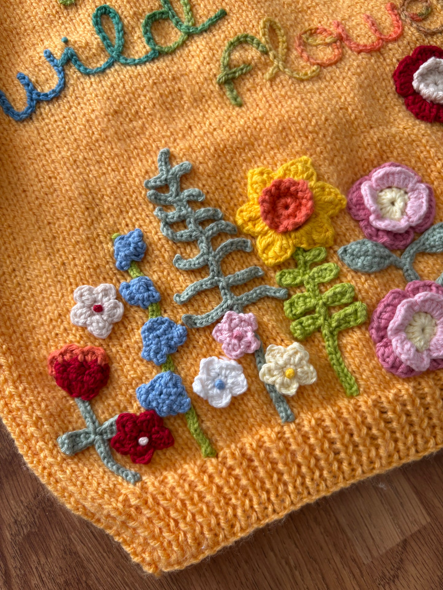 Pre-made Knitted Saffron Cardigan with liberty collar and wild flowers - Size 2-3 years