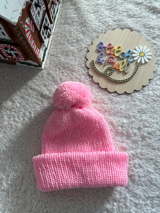 Personalisable knits - 12-18 months pink hat with pom pom