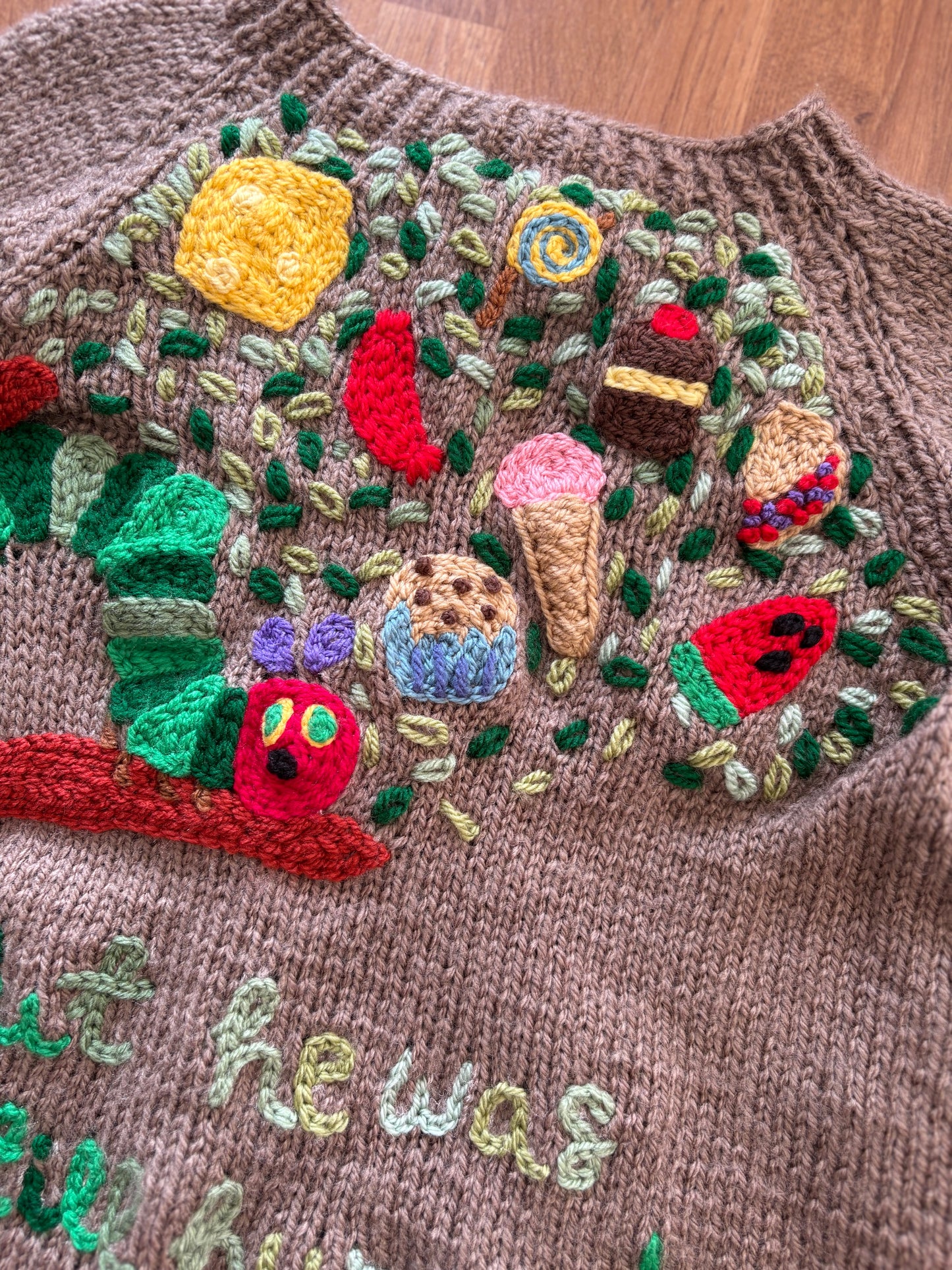 Pre-made Knitted Hungry Caterpillar picnic Cardigan - Size 3-4 years