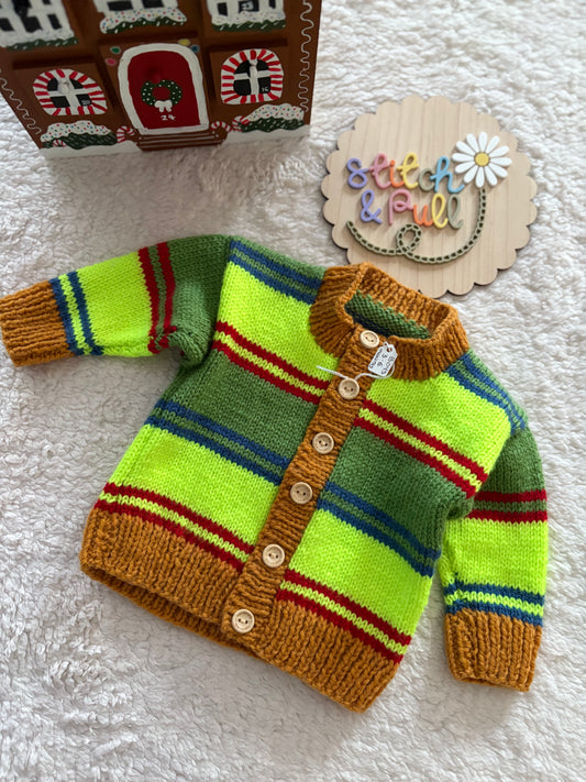 Personalisable knits - 3-6 month green striped cardigan