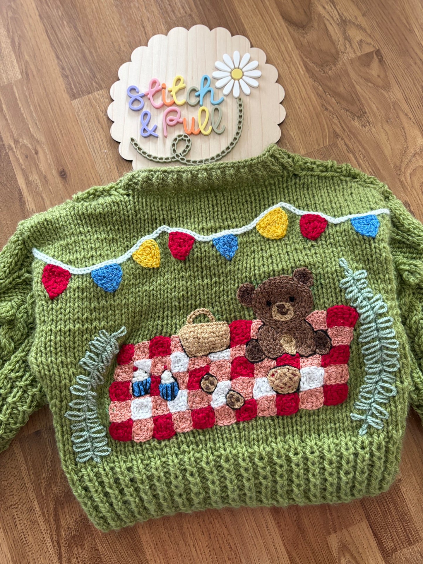 Pre-made Knitted Teddy Bears Picnic Cardigan - Size 6-12 months