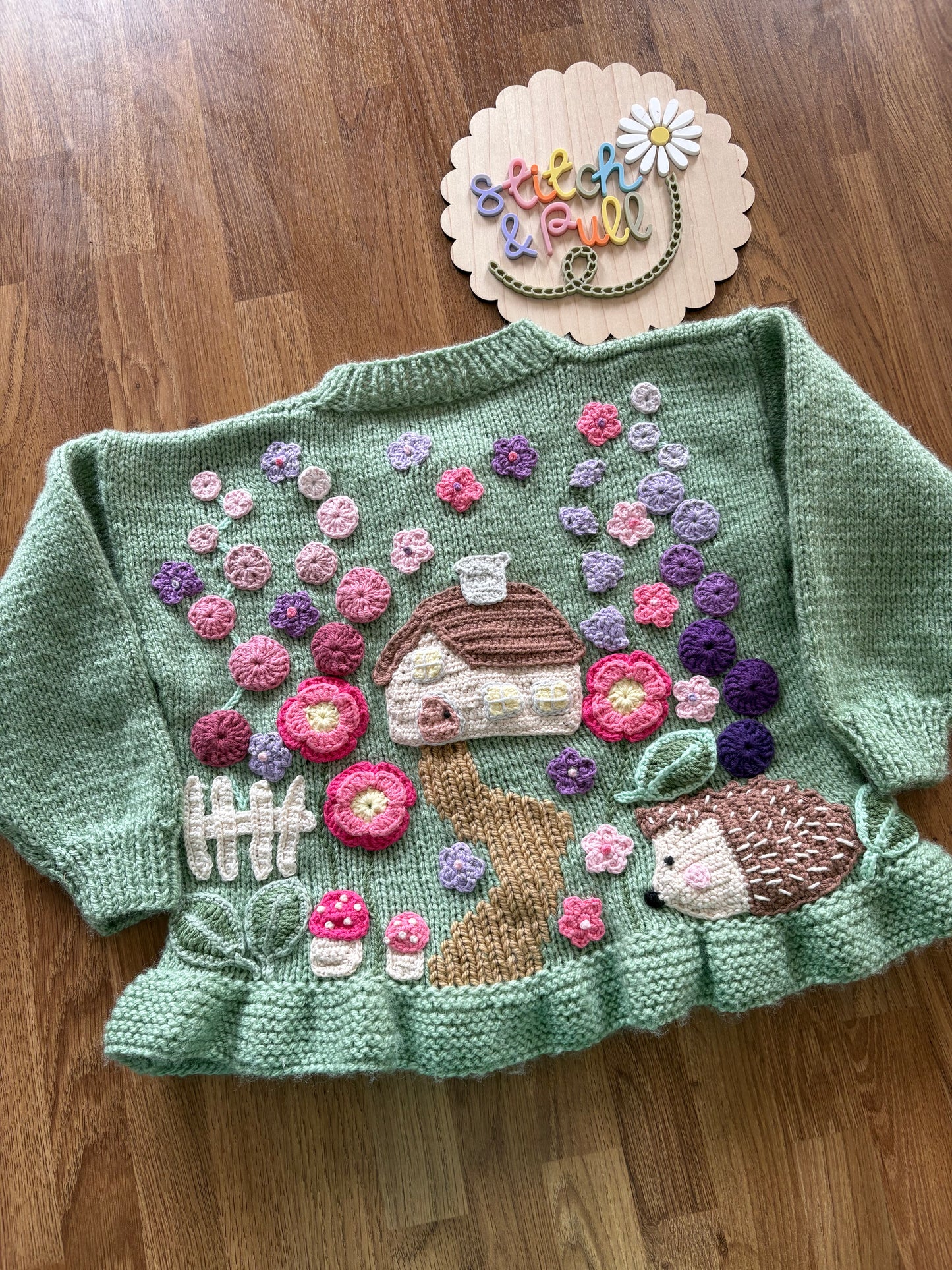 Pre-made Knitted & Crocheted Peplum Cardigan - Cottage in flowers - age 2-3 years