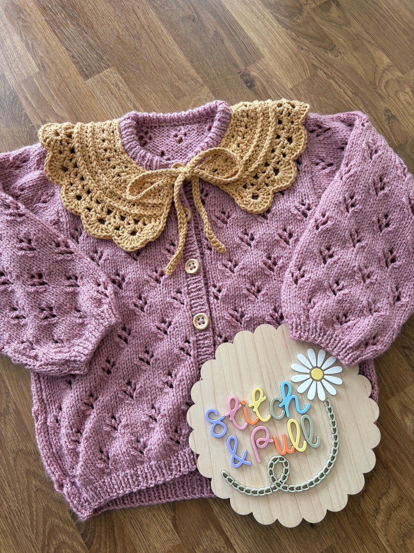 Personalisable knits - Dusty Rose Cardigan with toffee crochet collar - 2-3 years