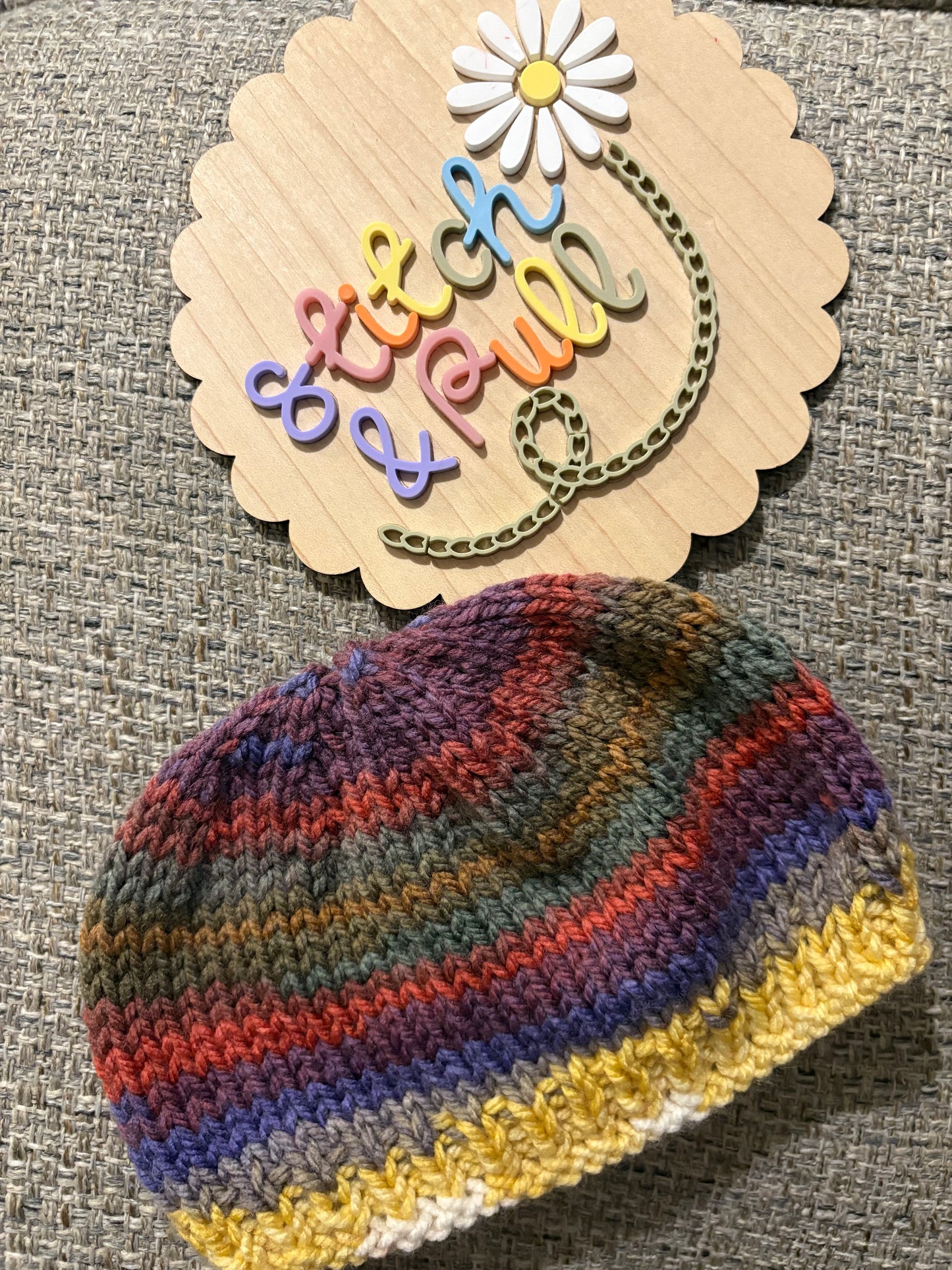 Personalisable knits - 18-24 months yellow/grey/red/purple hat