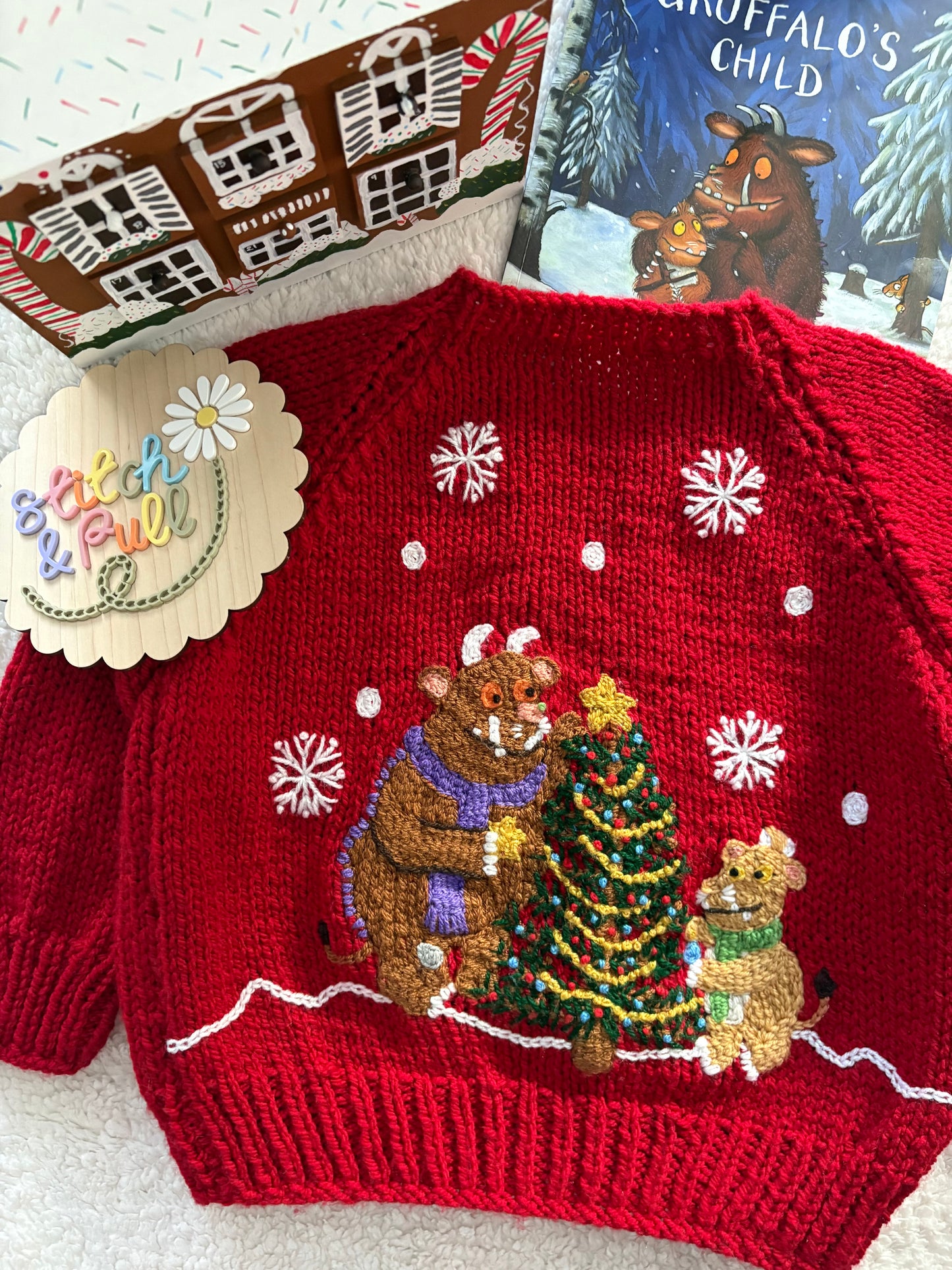 Pre-made Knitted Christmas Chunky Red Cardigan with Gruffalo Christmas Tree Scene - Size 2-4 years