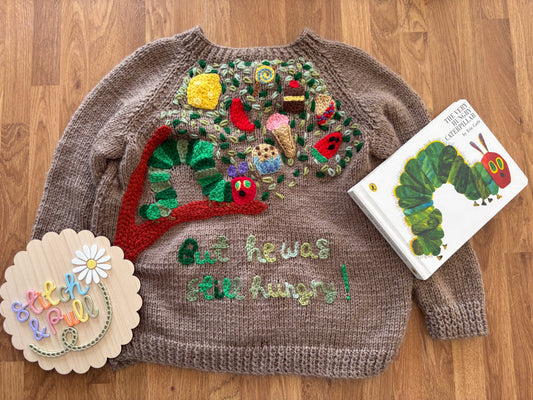 Pre-made Knitted Hungry Caterpillar picnic Cardigan - Size 3-4 years