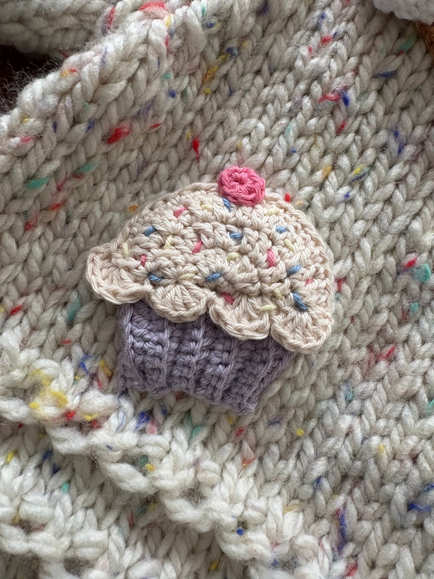 Pre-made Knitted Sprinkle Cream Cardigan with purple ribbing - Size 1-2 years