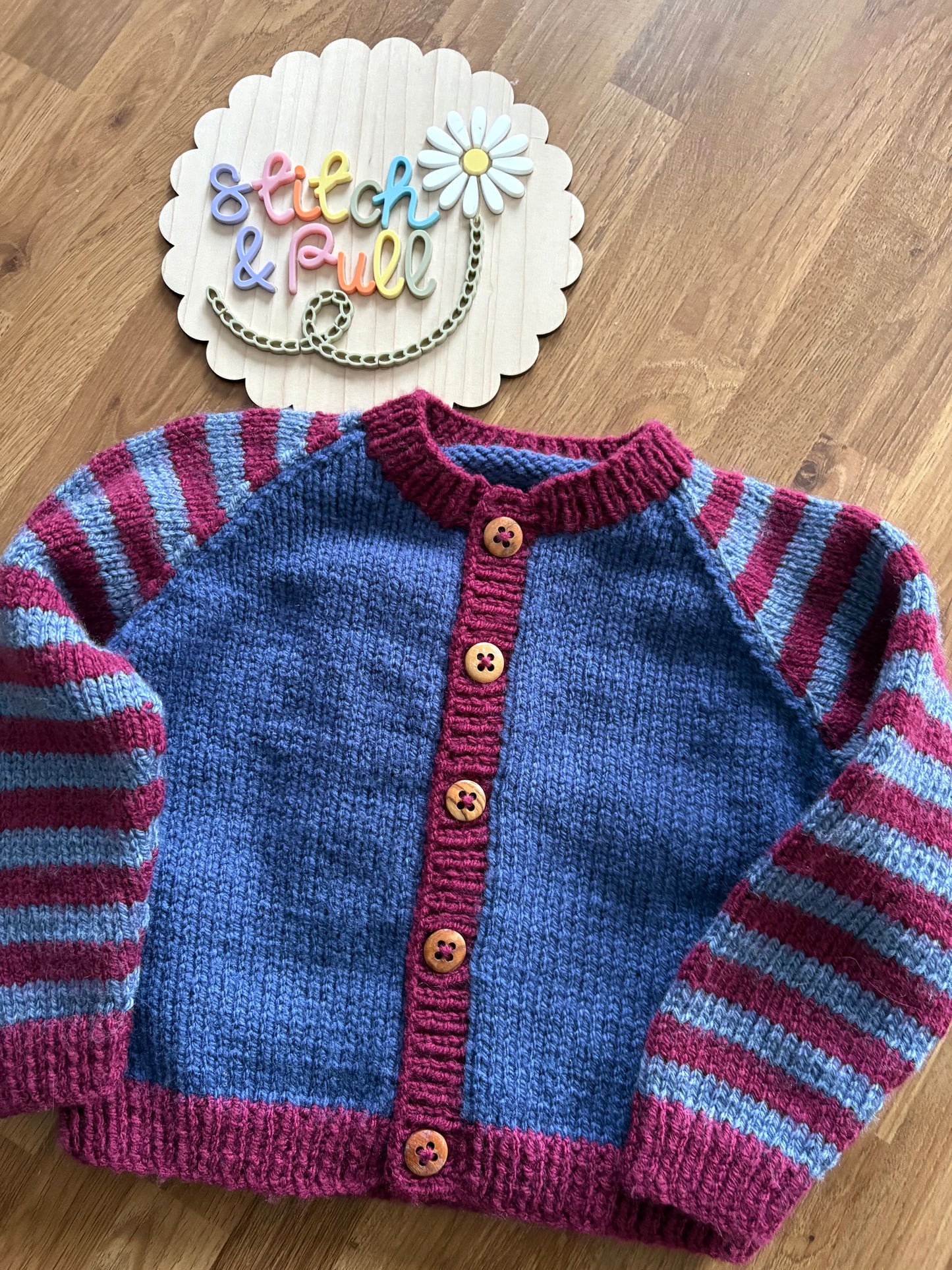 Pre-made Knitted Blue and Maroon stripe Cardigan with hot air balloon design - Size 12-18 months