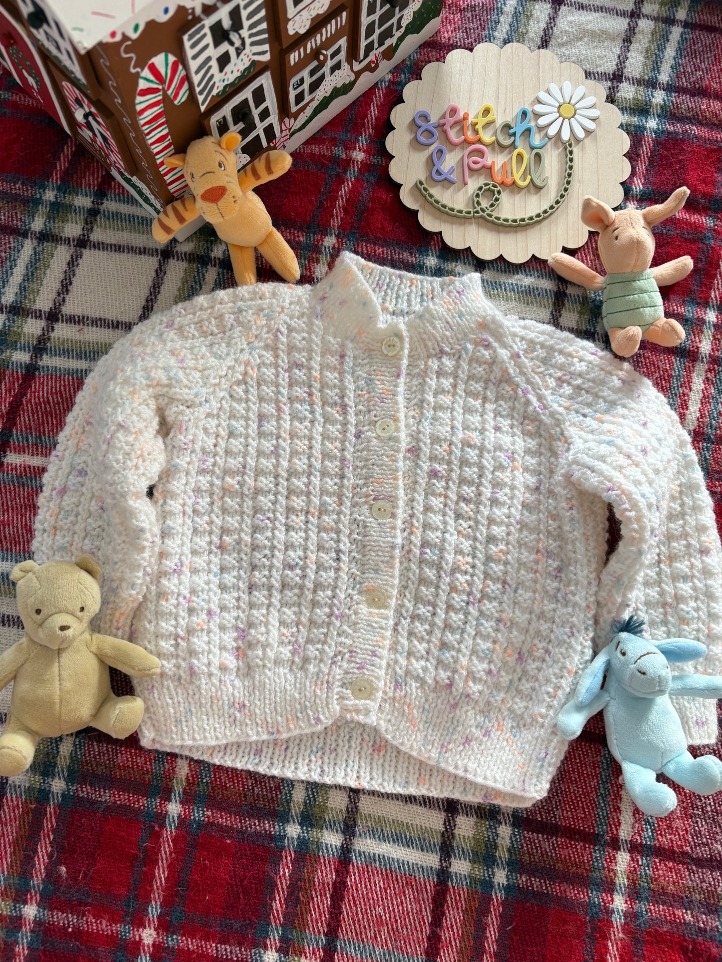 Pre-made Knitted Christmas White Fleck Cardigan with Winnie the Pooh and Piglet - Size 9-12 months