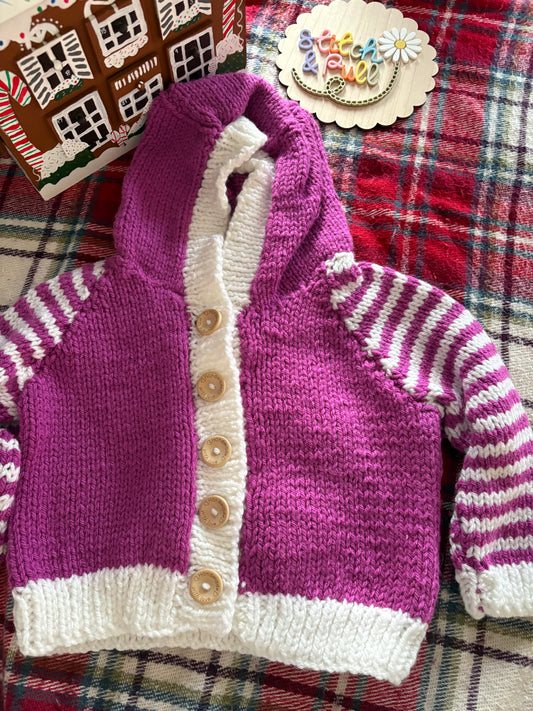 Personalisable knits - 2-3 years hooded purple and white striped cardigan