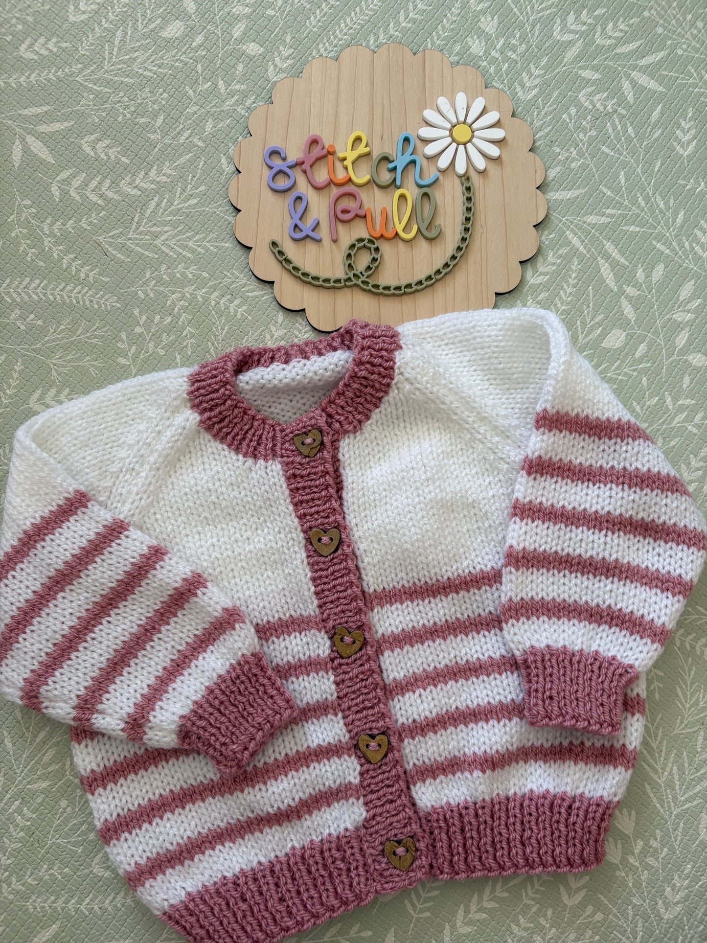 Personalisable knits - 3-6 months white and pink stripe cardigan with heart buttons