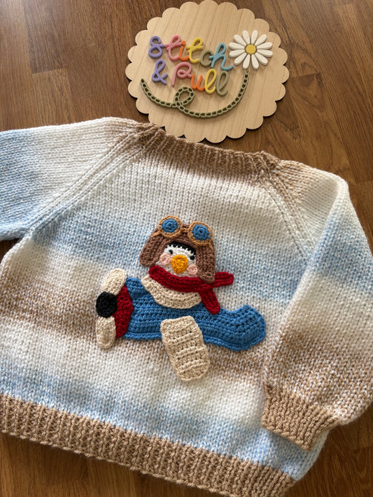 Pre-made Knitted & Crocheted Cardigan - Percy Penguin the Pilot - age 6-12 months