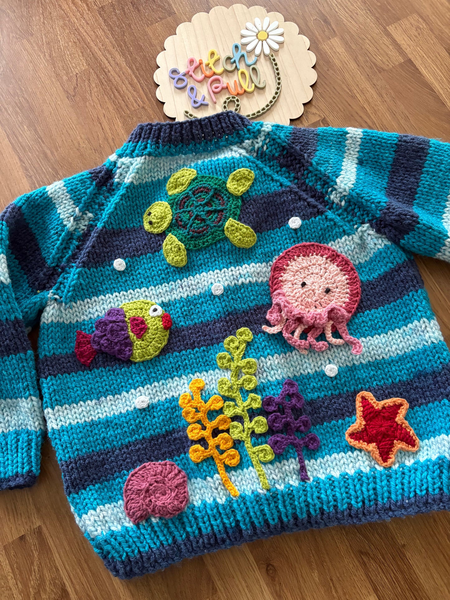 Pre-made Knitted blue stripe Cardigan with sea creatures scene - Size 2-3 years
