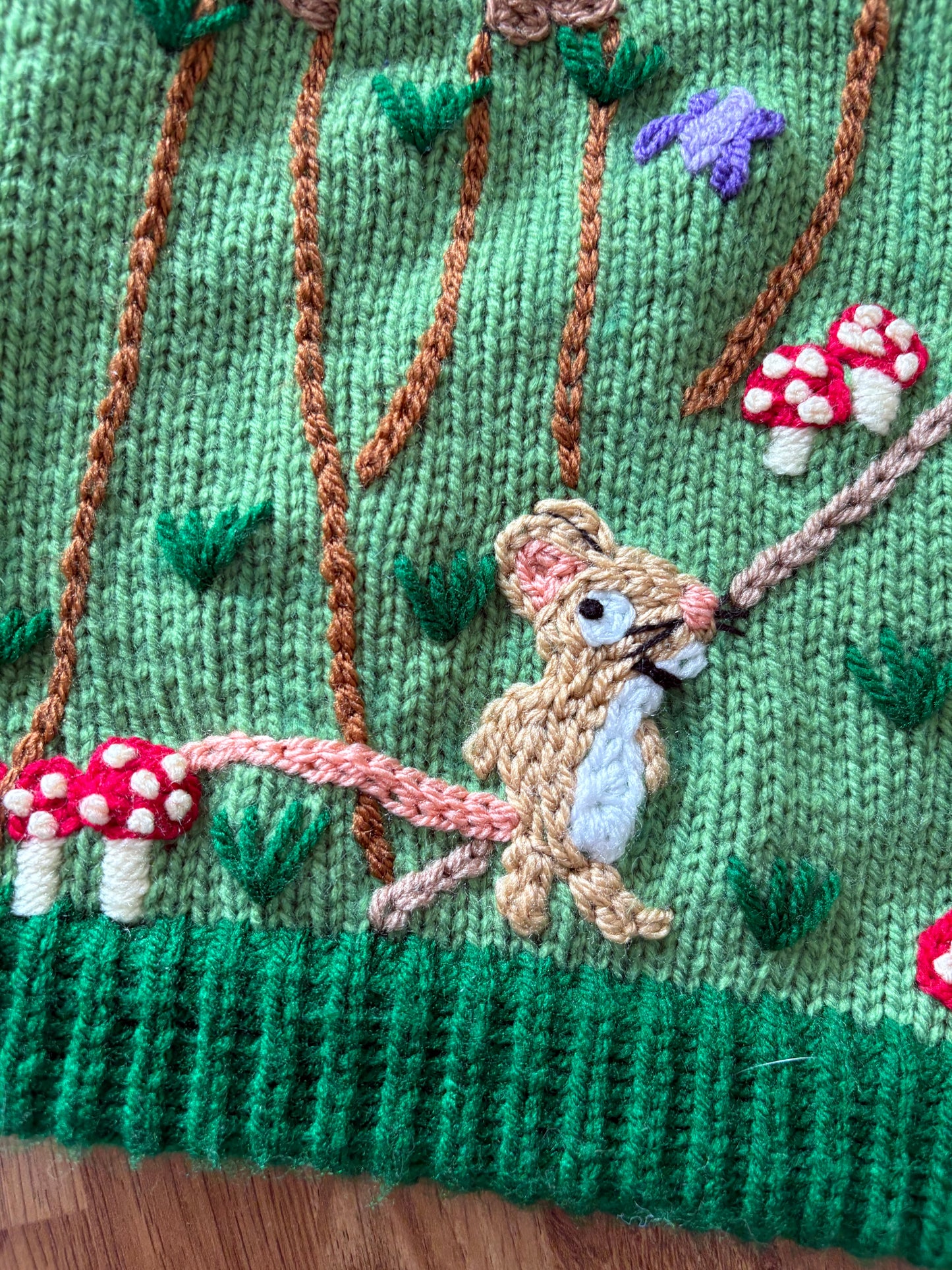 Pre-made Knitted Green Jumper with Gruffalo scene - Size 3-4 years