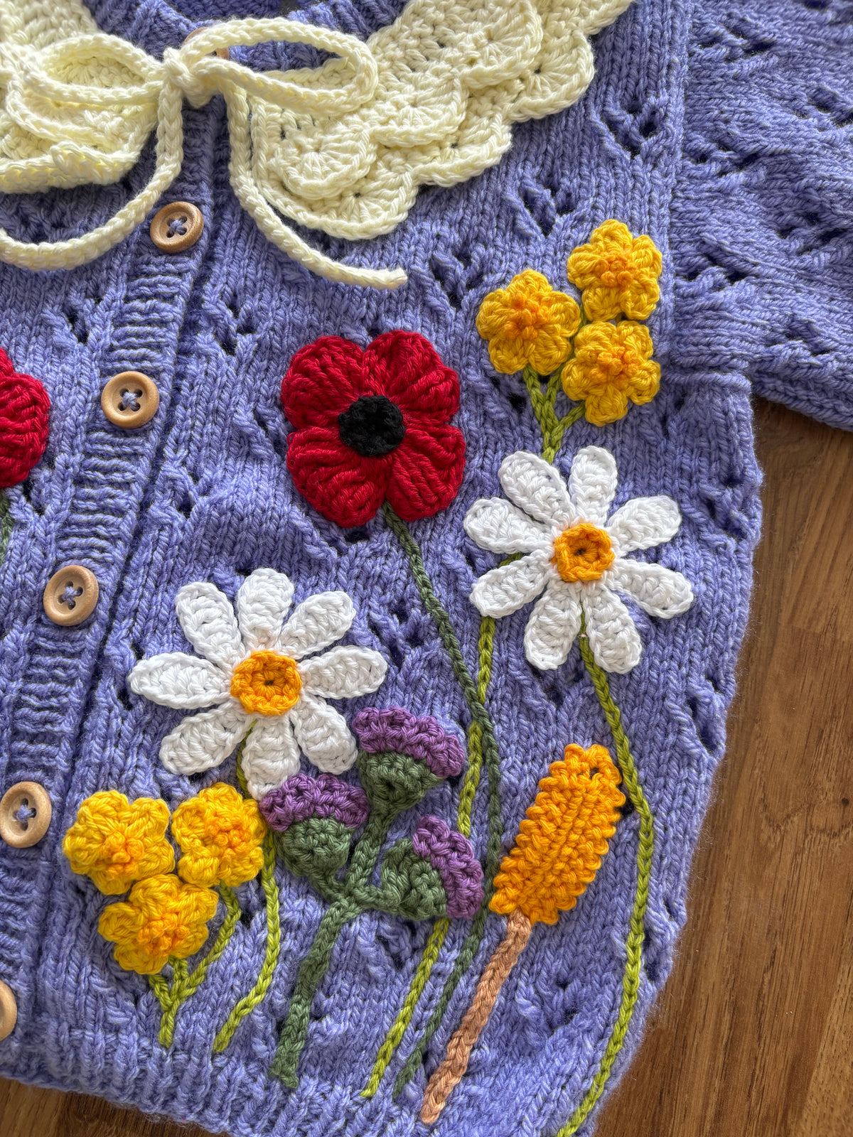 Pre-made Knitted & Crocheted Cardigan - Daisy Deer the Florist - age 2-3 years