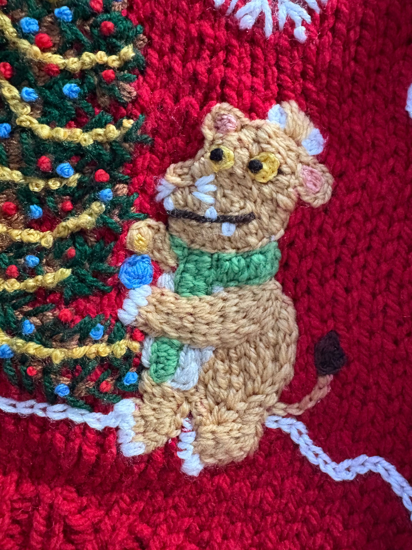 Pre-made Knitted Christmas Chunky Red Cardigan with Gruffalo Christmas Tree Scene - Size 2-4 years