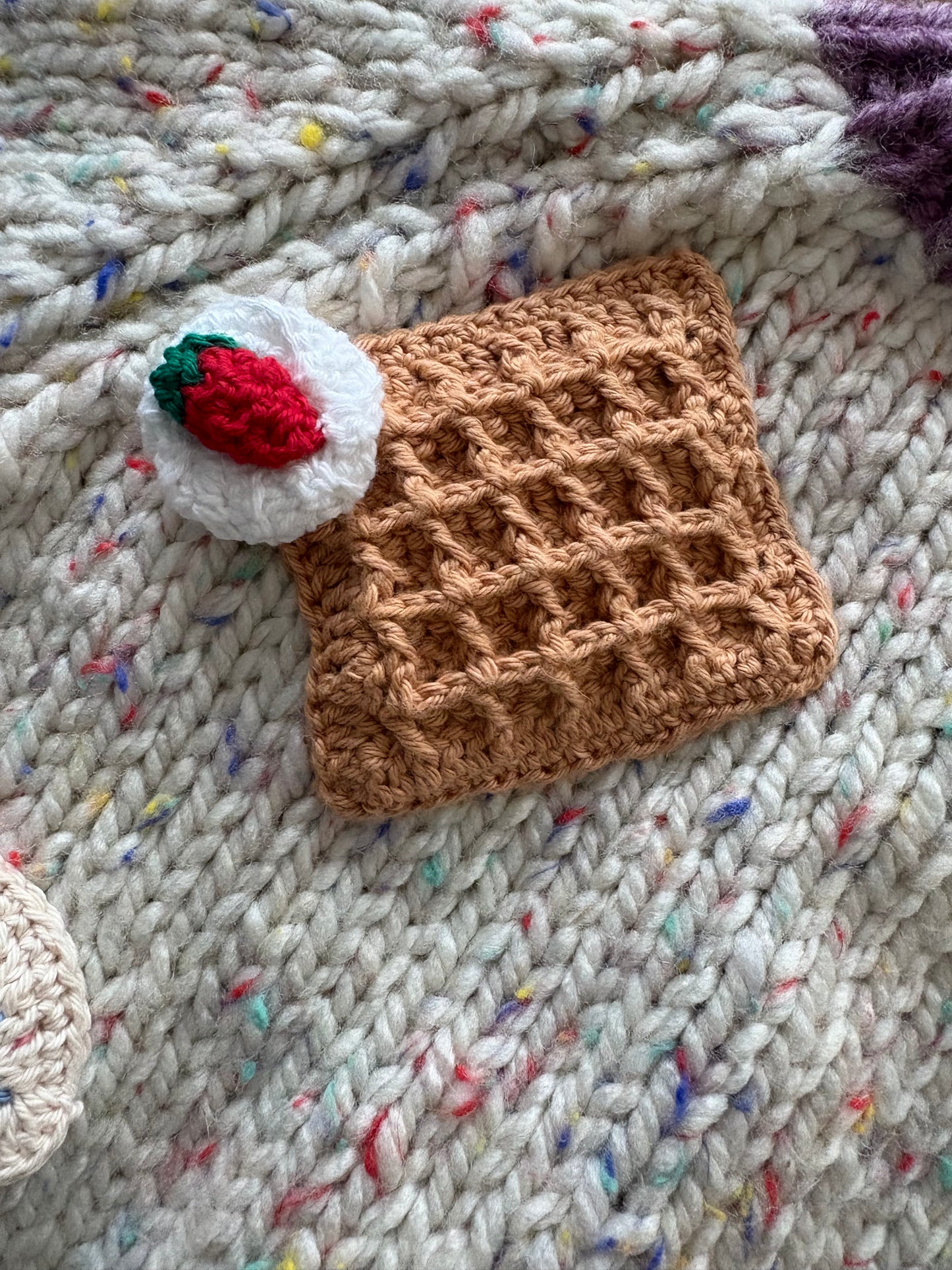 Pre-made Knitted Sprinkle Cream Cardigan with purple ribbing - Size 1-2 years