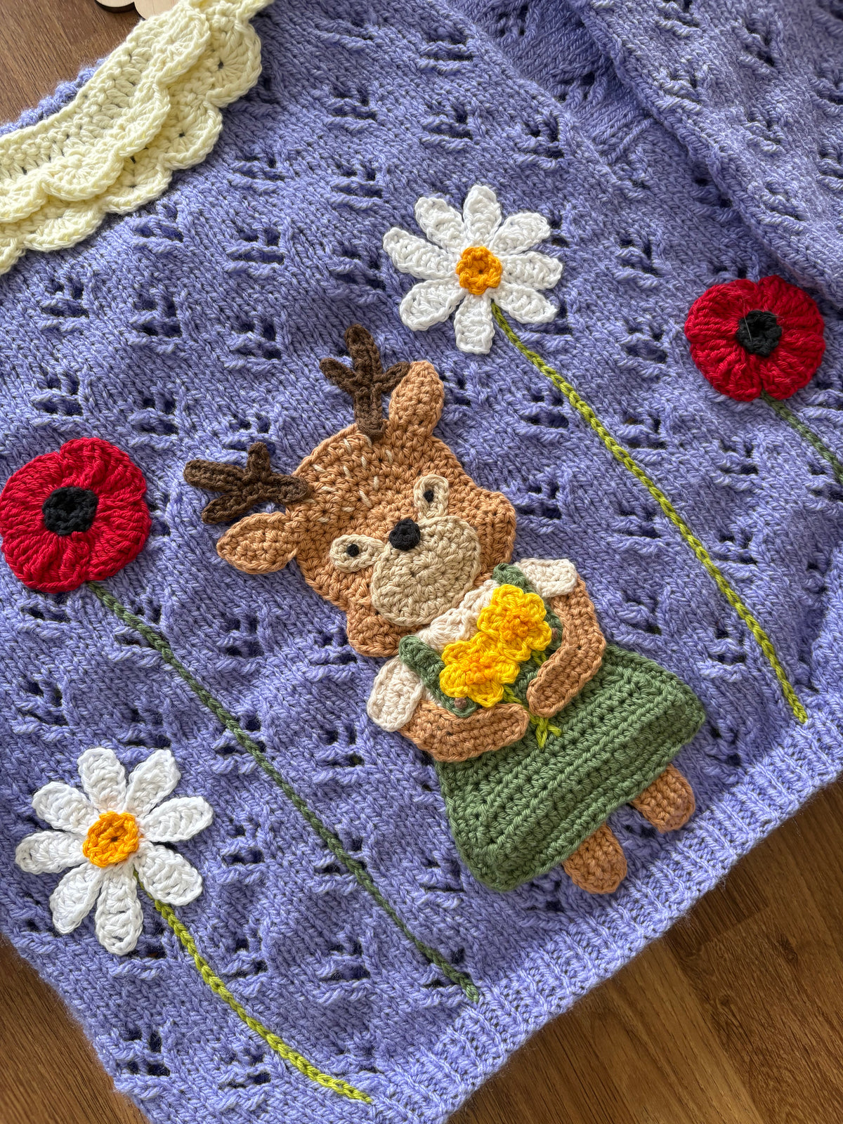 Pre-made Knitted & Crocheted Cardigan - Daisy Deer the Florist - age 2-3 years