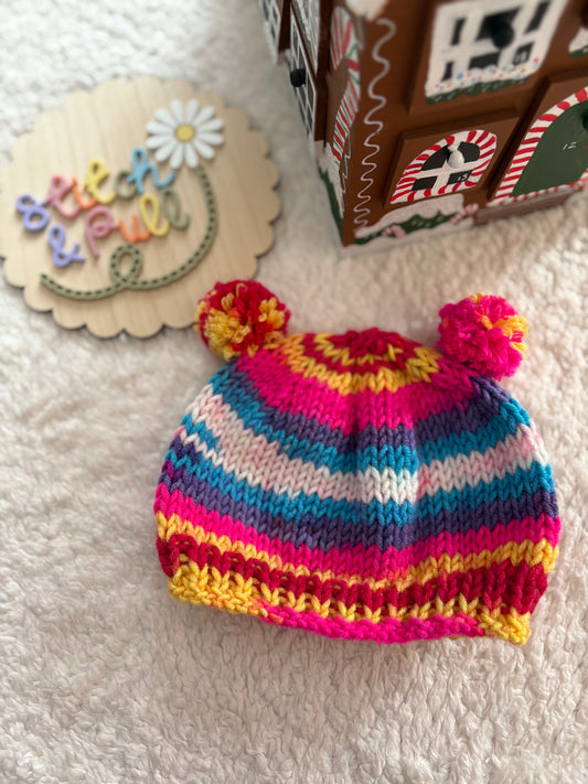 Personalisable knits - 12-18 months bright striped hat with 2 pom poms