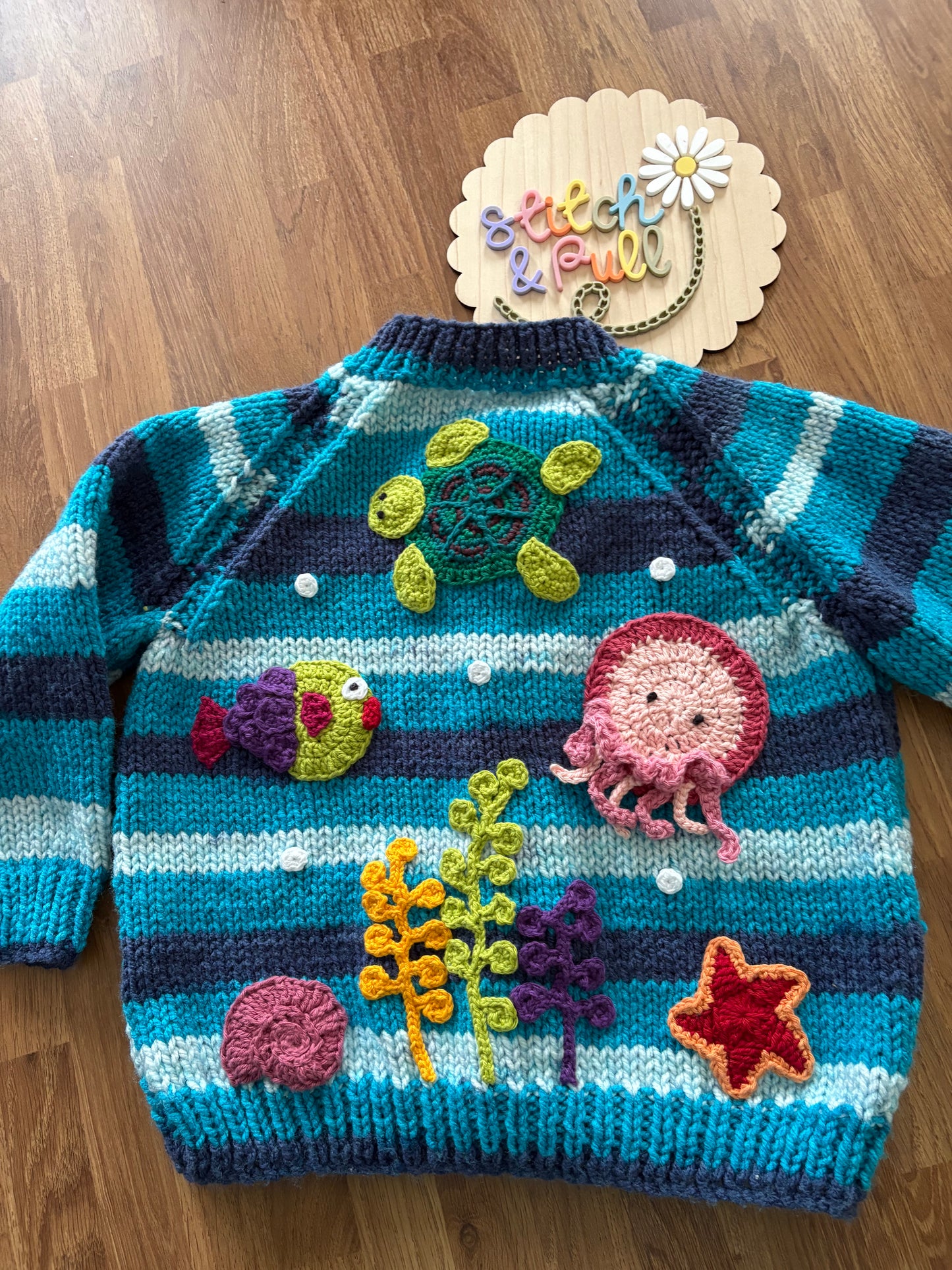 Pre-made Knitted blue stripe Cardigan with sea creatures scene - Size 2-3 years