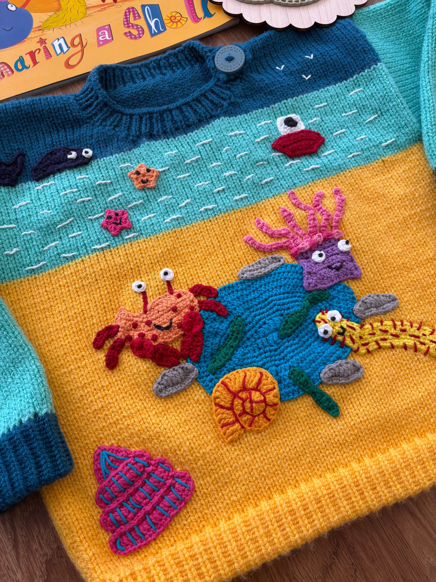 Pre-made Knitted & Crocheted Sharing a Shell Jumper - 3-4 years