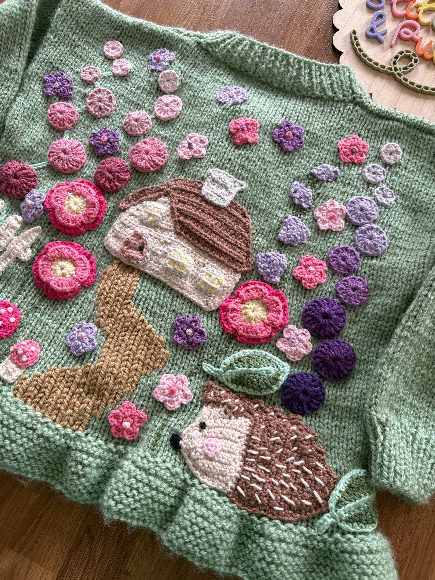 Pre-made Knitted & Crocheted Peplum Cardigan - Cottage in flowers - age 2-3 years